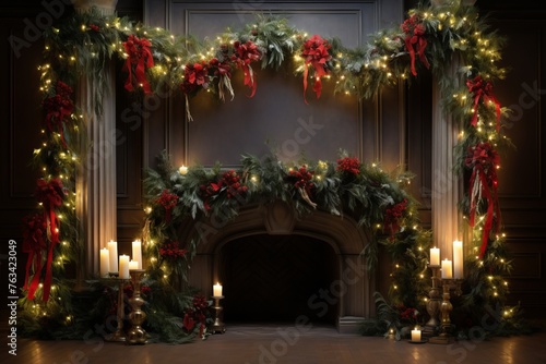 Festive fireplace adorned with christmas lights and greenery