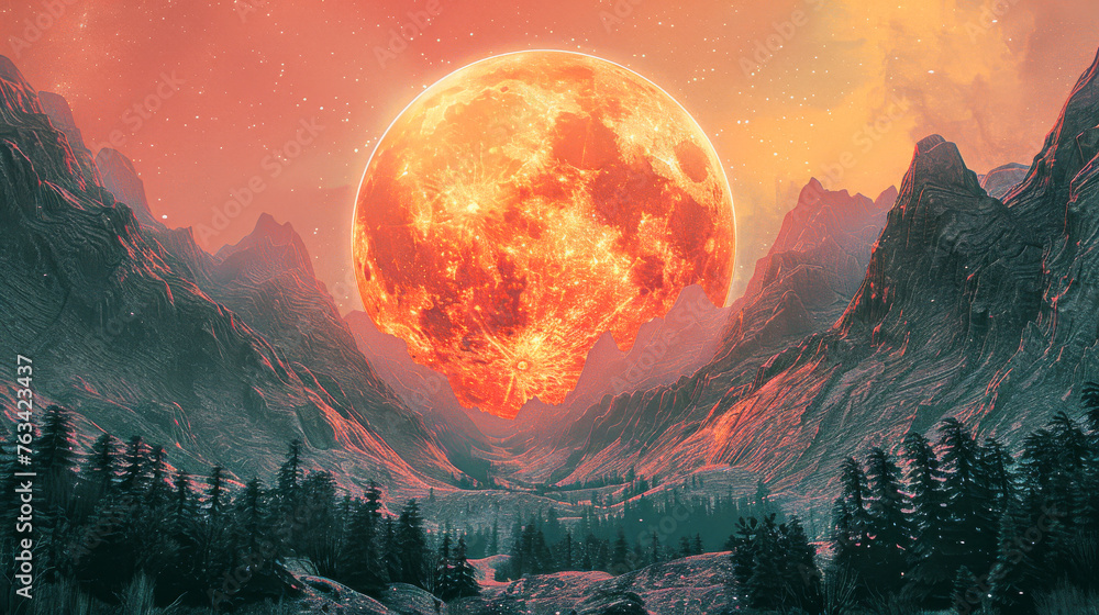 A large red moon is in the sky above a mountain range. The scene is serene and peaceful, with the moon casting a warm glow over the landscape. The mountains in the background add a sense of grandeur - obrazy, fototapety, plakaty 