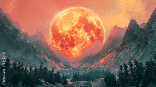 A large red moon is in the sky above a mountain range. The scene is serene and peaceful, with the moon casting a warm glow over the landscape. The mountains in the background add a sense of grandeur