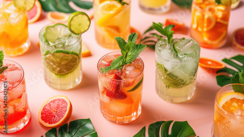 A vibrant collection of summer refreshments, each glass brimming with fresh fruits and garnished with mint, displayed with tropical foliage accents, refreshing summertime ambiance.