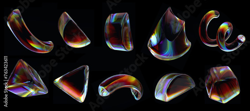 Futuristic shape set iridescent transparent glass poster design elements 3d rendering
