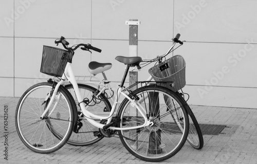 Urban mobility parked bisycles in city setting
