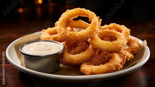 Greasy and crispy onion rings served with a creamy dipping sauce