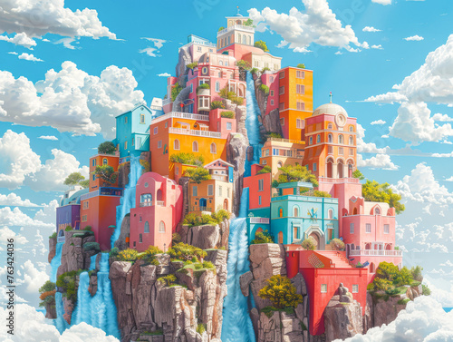 A colorful building with a waterfall on top of it. The building is made of many different colored blocks and has a unique design. The image has a dreamy and whimsical mood