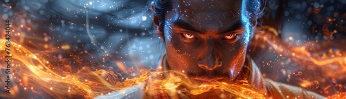 A close-up view of a Kungfu fighter, surrounded by a glowing aura photo