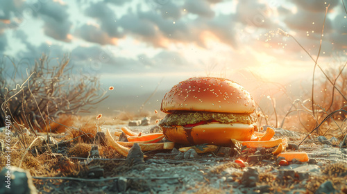 A burger with fries on a rocky desert landscape. The burger is half eaten and the fries are scattered around it. Scene is somewhat bleak and desolate, as the burger and fries are in an unlikely