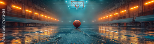 A close-up shot of a basketball hoop in a vibrant sport hall, with dramatic lighting casting sharp shadows, emphasizing the focused intensity of the game.