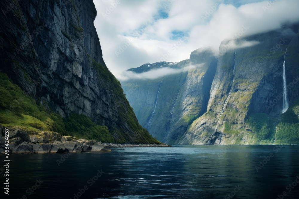 Majestic fjord with steep cliffs and calm blue waters