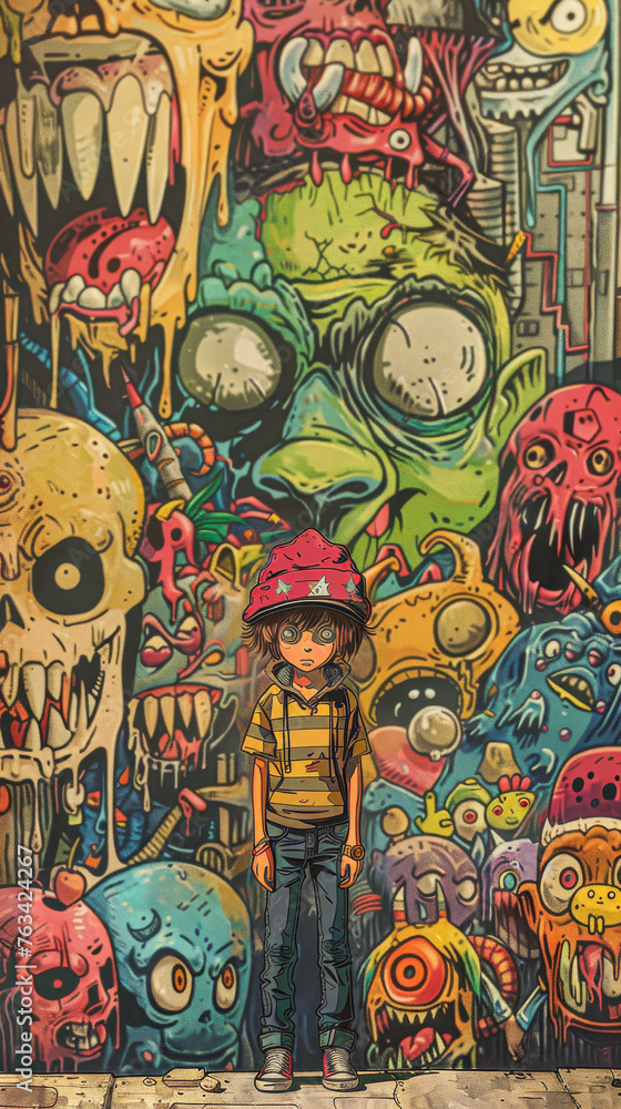 A young boy stands in front of a wall of grotesque monsters. The boy is wearing a red hat and a yellow shirt. The wall is covered in a variety of strange and colorful creatures