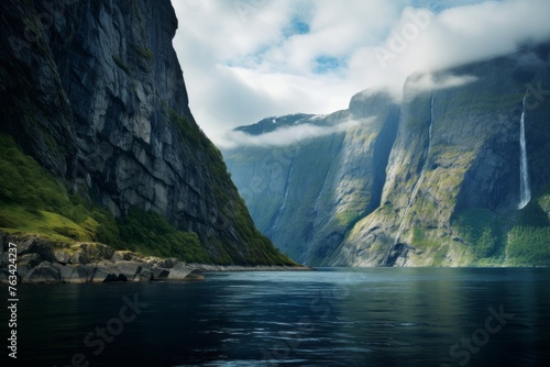 Majestic fjord with steep cliffs and calm blue waters © KerXing