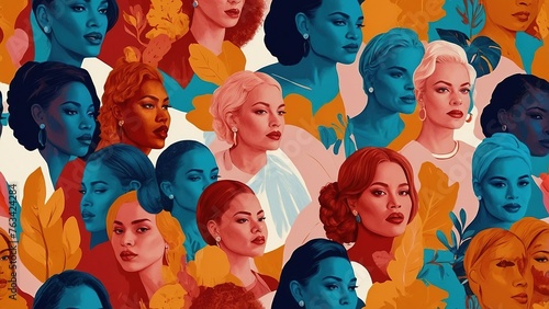 Colorful Illustration Pattern Group of Diverse Women