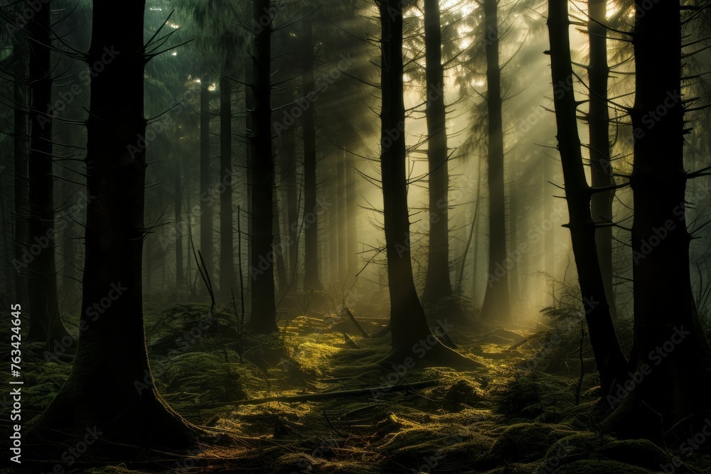 Mystic forest shrouded in mist and touched by the first light of day - obrazy, fototapety, plakaty 