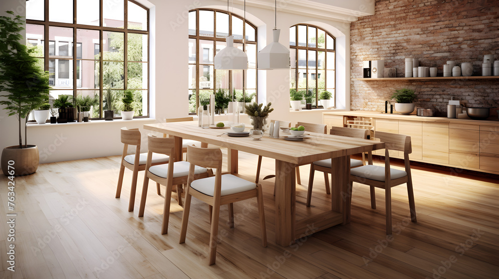 Dining room interior with wooden table and chairs. 3d rendering ,Minimalist dining room design,Stylish kitchen interior with wooden table and chairs, Stylish kitchen interior, Scandinavian dining room