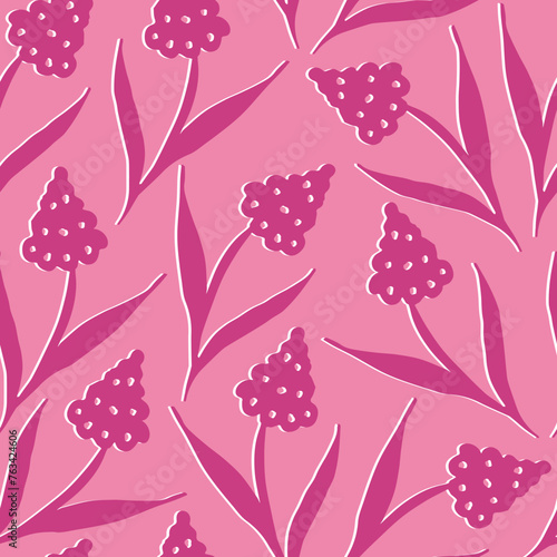 Simple floral design. Silhouettes of blooming pink flowers in vintage style. Elegant seamless botanical pattern of spring flowers. Natural ornament for textile, fabric, wallpaper, surface design