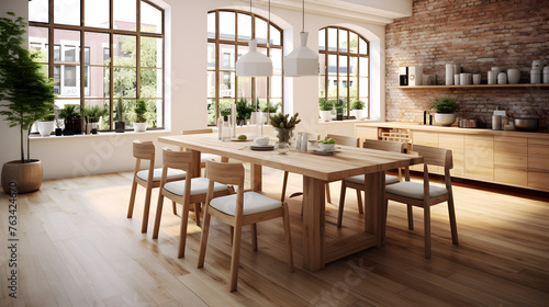 Dining room interior with wooden table and chairs. 3d rendering ,Minimalist dining room design,Stylish kitchen interior with wooden table and chairs, Stylish kitchen interior, Scandinavian dining room