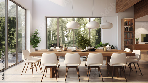 Dining room interior with wooden table and chairs. 3d rendering ,Minimalist dining room design,Stylish kitchen interior with wooden table and chairs, Stylish kitchen interior, Scandinavian dining room © Bahishat