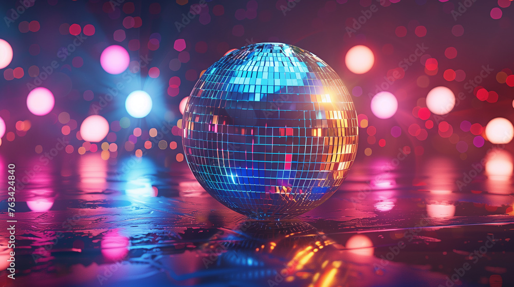 Shiny colorful disco ball perfect sphere with lights from rear, with copy space for text. Shiny colorful disco ball perfect sphere with lights from rear, with copy space for text.
