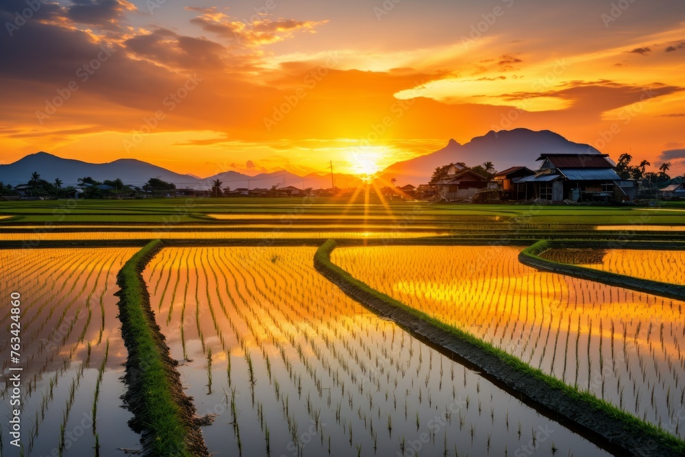 Paddy field transformed into a breathtaking golden expanse during sunset