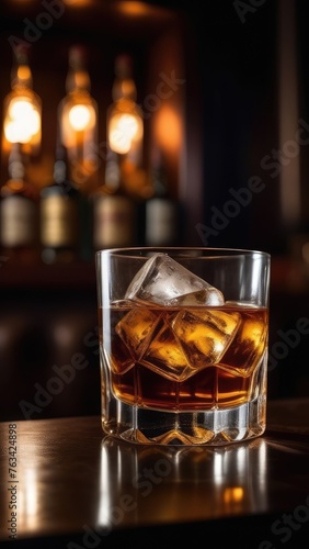 A glass of whiskey with ice. An alcoholic drink stands on a bar counter in a night bar. Modern interior of the bar and lighting in the background in blur