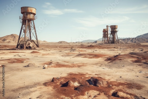 Oil drilling derricks extracting resources in barren desert landscape under clear sky photo
