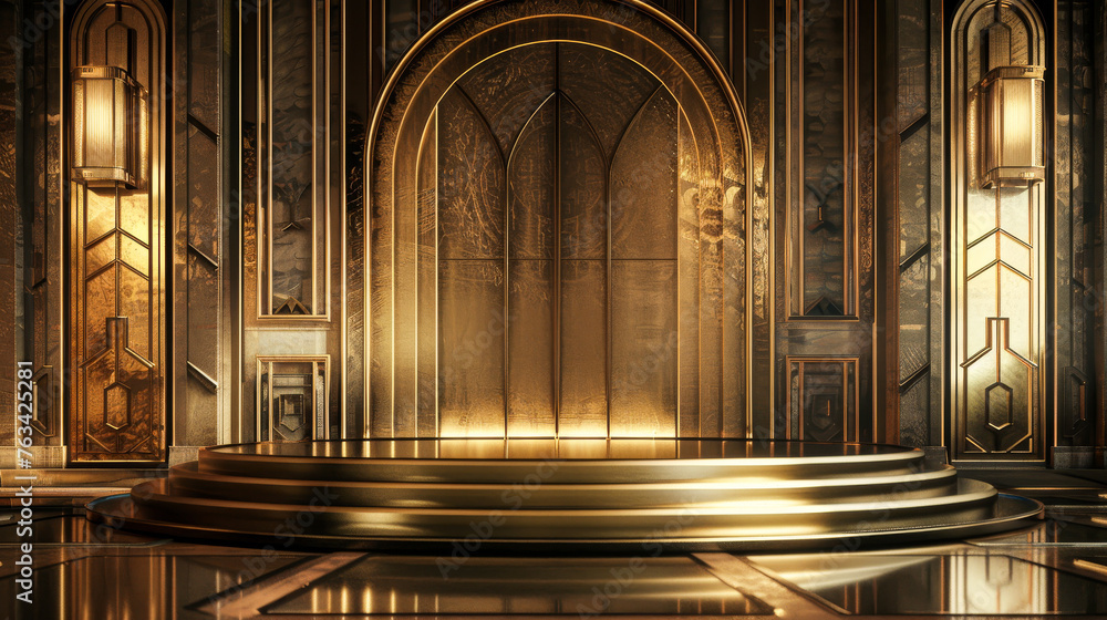 A gold room with a gold staircase and a gold archway. The room is empty and has a very luxurious and elegant feel to it