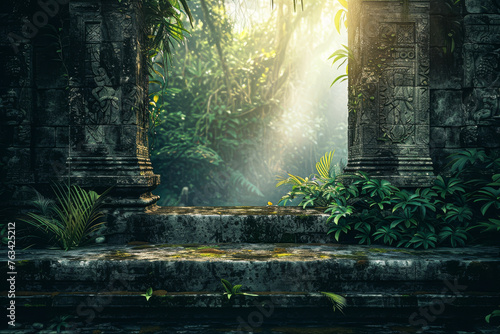 Fototapeta Naklejka Na Ścianę i Meble -  A stone archway with a lush green jungle in the background. The archway is open, revealing a path leading into the jungle. The sunlight shining through the leaves creates a serene