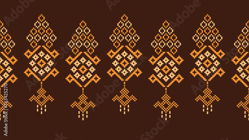 Traditional ethnic motifs ikat geometric fabric pattern cross stitch.Ikat embroidery Ethnic oriental Pixel brown background. Abstract,vector,illustration. Texture,scarf,decoration,wallpaper.