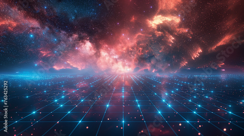 Synthwave vaporwave retrowave cyber background with copy space, laser grid, starry sky, blue glow. photo