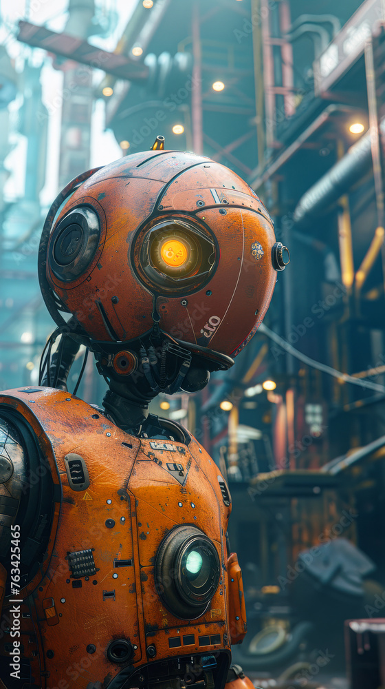 A robot with a yellow face stands in front of a building. The robot is orange and has a green light on its head. The robot is in a city setting, surrounded by buildings and wires A robot with a yellow face stands in front of a building. The robot is orange and has a green light on its head. The robot is in a city setting, surrounded by buildings and wires