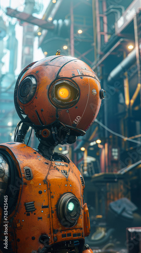 A robot with a yellow face stands in front of a building. The robot is orange and has a green light on its head. The robot is in a city setting, surrounded by buildings and wires