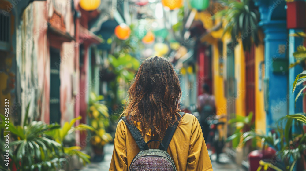 A woman wearing a yellow jacket and backpack walks down a colorful street. The street is lined with potted plants and has a lively atmosphere