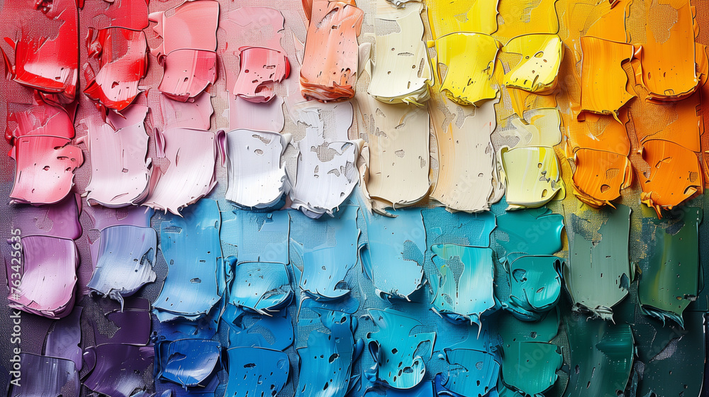 Naklejka premium Fragment of multicolored texture painting. Abstract art background. oil on canvas. Rough brushstrokes of paint. Closeup of a painting by oil and palette knife.