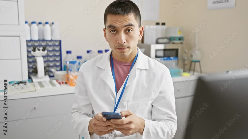Young, pensive hispanic man in lab uniform, unshakeable confidence etched on his sober face, lost in thought, cradling smartphone in his hand at the scientist's clinic. Young, pensive hispanic man in lab uniform, unshakeable confidence etched on his sober face, lost in thought, cradling smartphone in his hand at the scientist's clinic.