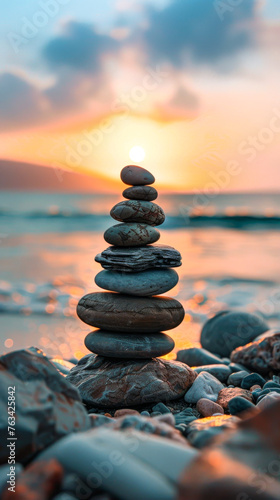 A stack of rocks on a beach with the sun setting in the background. Concept of peace and tranquility, as the rocks are arranged in a way that creates a natural and calming atmosphere © Kowit
