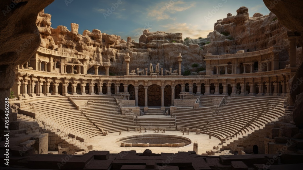 Giant puzzle stage at Greek amphitheater collaborative riddle solving