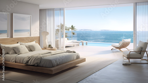 Summer interior background. White pillows on bed against big window with stunning sea view. Interior design of modern bedroom, Summer interior background. White pillows on bed against big window  © Bahishat