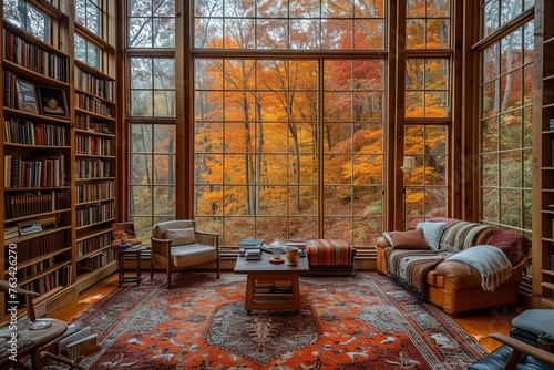 Cozy and warm library with wooden furniture and books. The library has a large window that offers a picturesque view of colorful autumn trees.