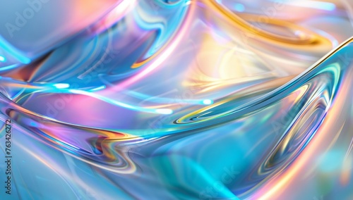Closeup of glass with iridescent reflection  white background flowing curves Generative AI