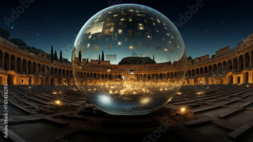 Colossal crystal sphere theater in cosmic void actors amidst universe mysteries