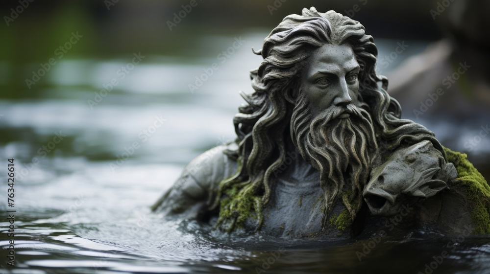Half-human half-fish figure in statue serene water emergence captured