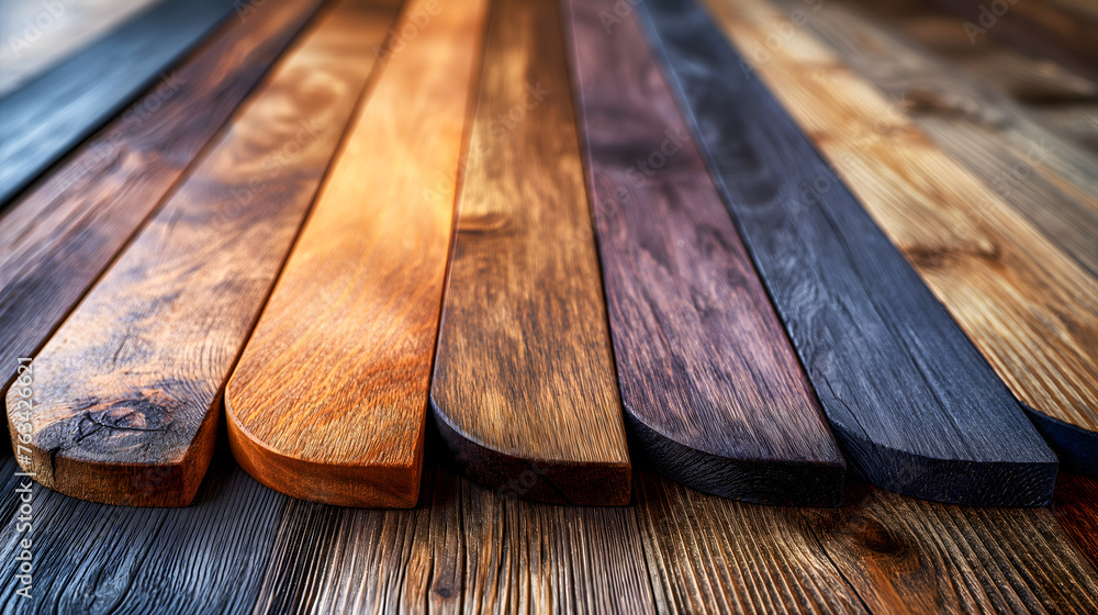 Wooden boards of different colors on a dark wooden background, close-up