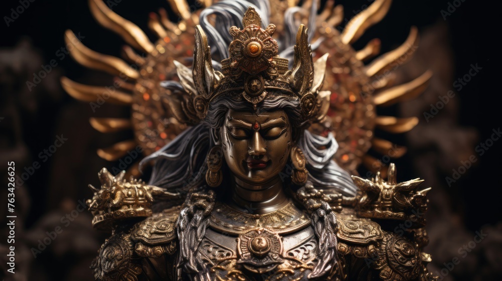 Guardian deity statue protects sacred relics detailed armor portrayed