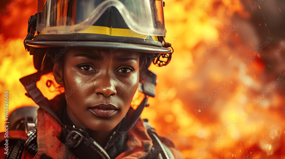 A striking portrait of dark-skinned female firefighter, her gaze reflects courage and resilience amid the flames. Women's professions A striking portrait of dark-skinned female firefighter, her gaze reflects courage and resilience amid the flames. Women's professions