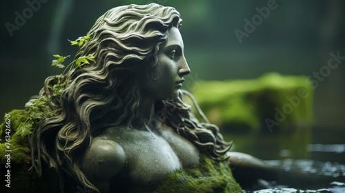 Classical statue portrays serene mermaid figure emerging from water © javier