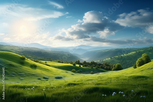 Sunlit meadow and rolling hills forming a serene natural landscape
