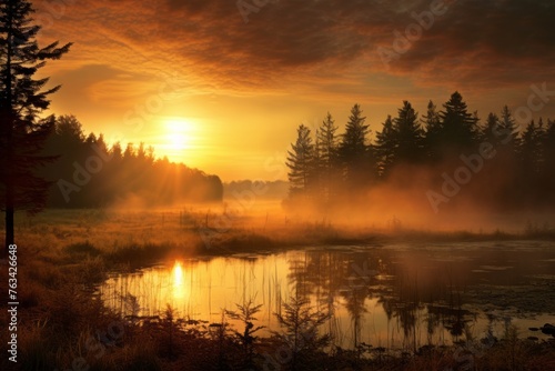 Sunrise casting a warm and inviting glow over a tranquil meadow © KerXing