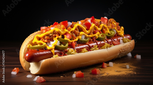 A  image of a fast-food hot dog loaded with condiments and toppings, representing a classic American fast-food staple.