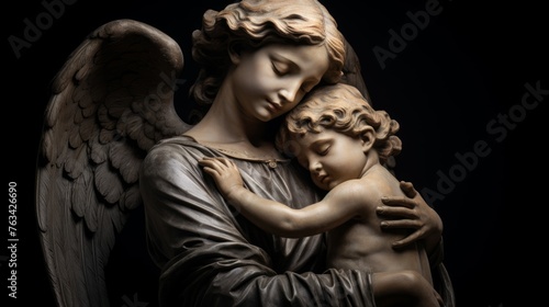 Classical portrayal of protective guardian angel child cradled gently