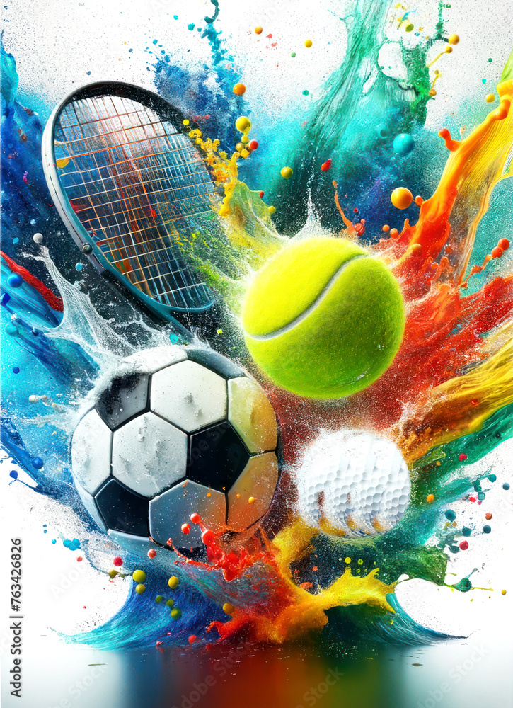 Golf ball, tennis ball and a soccer ball in colorful water splashes - obrazy, fototapety, plakaty 