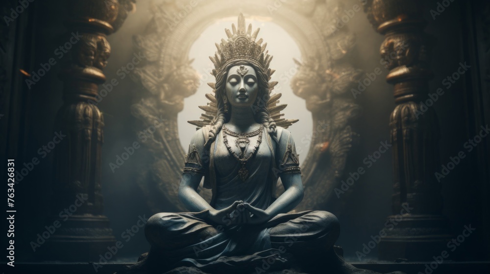 Classical oracle statue meditates surrounded by mystic energy serenity